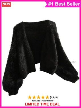 Plus Size Fuzzy Cropped Cardigan Faux Fur V Neck Chunky Sweater